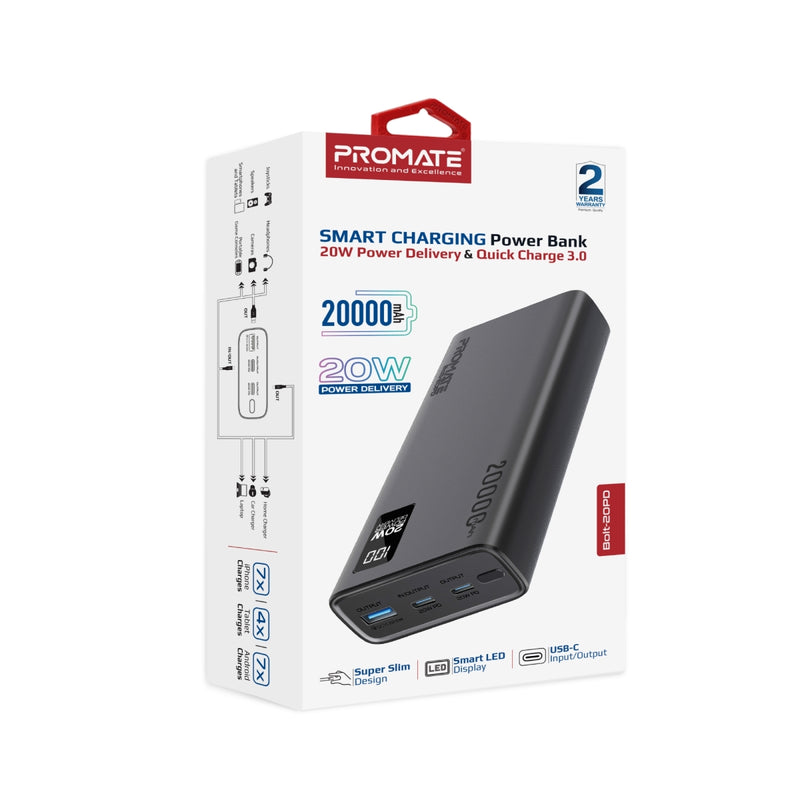 Promate Technologies - Compact Smart Charging Power Bank with 20W PD Dual USB-C and 22.5W USB-A Ports