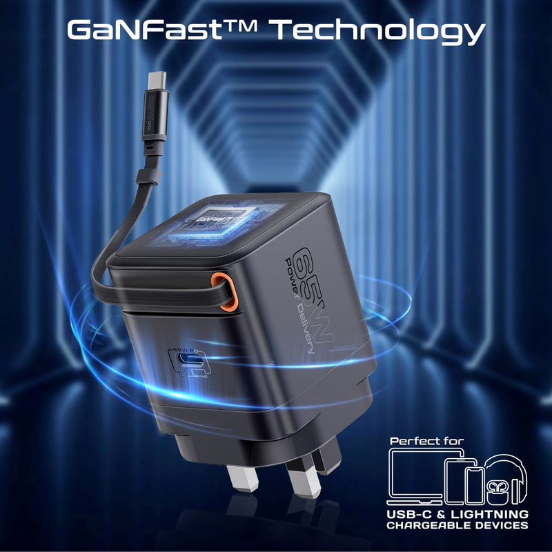 Promate Technologies - 65W PD GanFast™ Charging Adapter with Retractable USB-C Cable