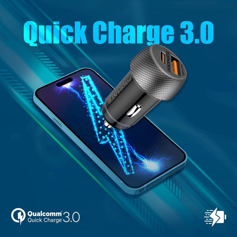 Promate Technologies - Ultra-Fast Dual Port Car Charger with 33W Power Delivery and QC 3.0