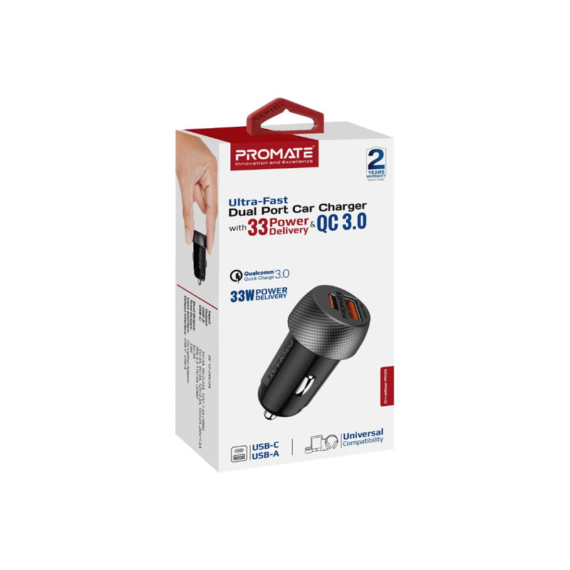 Promate Technologies - Ultra-Fast Dual Port Car Charger with 33W Power Delivery and QC 3.0