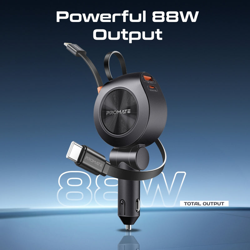Promate Technologies - 88W Multi-Port Car Charger with Dual Retractable USB-C Cables