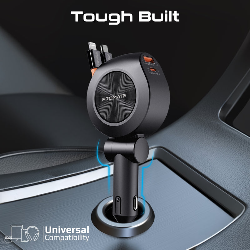 Promate Technologies - 88W Multi-Port Car Charger with Dual Retractable USB-C Cables