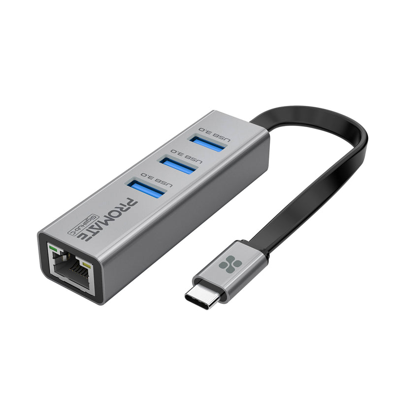 Promate Technologies - Multi-Port USB-C Hub with Ethernet Adapter (USB 3.0 Ports, 5Gbps Sync, 1000Mbps Ethernet as icons)