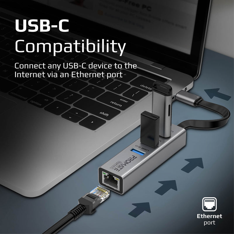 Promate Technologies - Multi-Port USB-C Hub with Ethernet Adapter (USB 3.0 Ports, 5Gbps Sync, 1000Mbps Ethernet as icons)