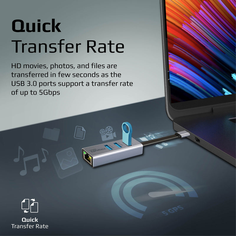Promate Technologies - Multi-Port USB-C Hub with Ethernet Adapter (USB 3.0 Ports, 5Gbps Sync, 1000Mbps Ethernet as icons)