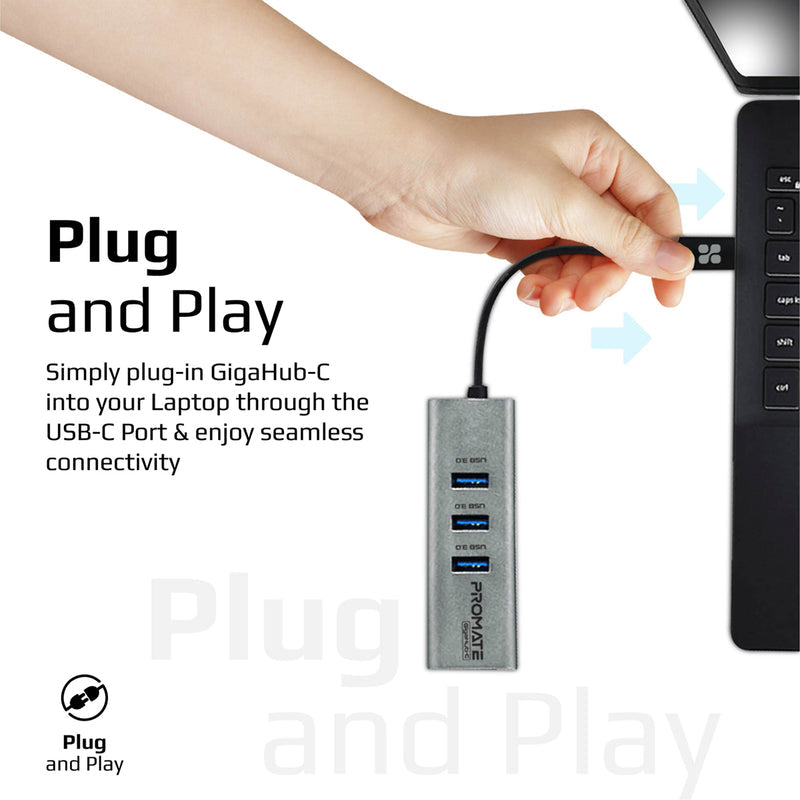 Promate Technologies - Multi-Port USB-C Hub with Ethernet Adapter (USB 3.0 Ports, 5Gbps Sync, 1000Mbps Ethernet as icons)