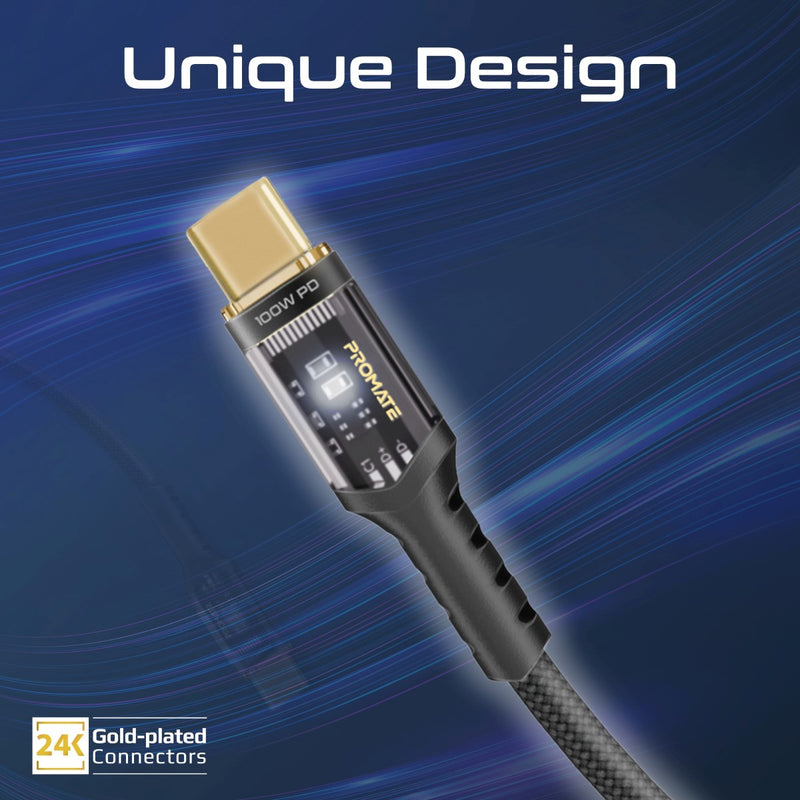 Promate Technologies - High Tensile Transparent 100W Power Delivery USB-C Cable with LED Light
