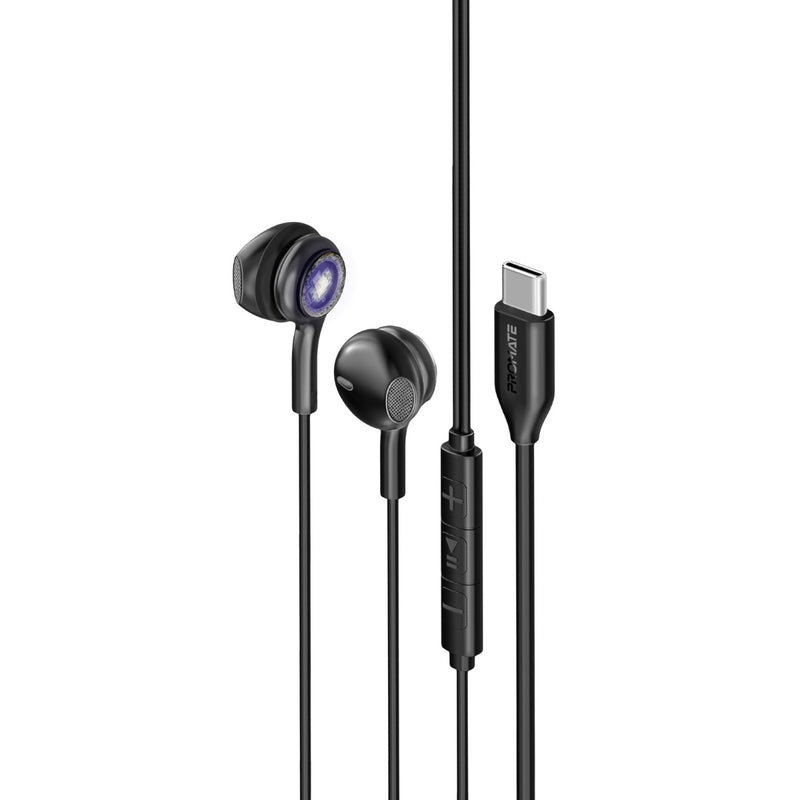 Promate Technologies - LumiSound™ Transparent Stereo USB-C Wired RGB Earphones