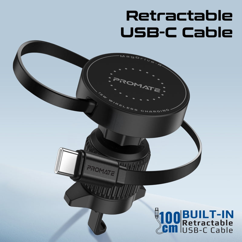 Promate Technologies - 15W MagSafe Compatible Car Wireless Charger with Retractable Cable