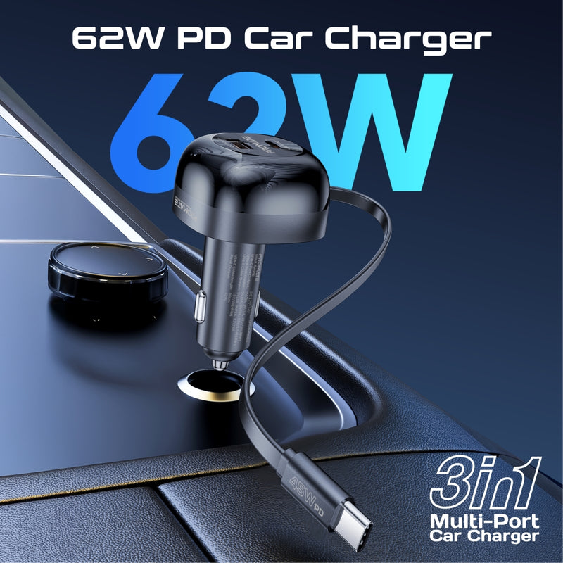 Promate Technologies - 62W Multi-Port Car Charger with Retractable USB-C Cable