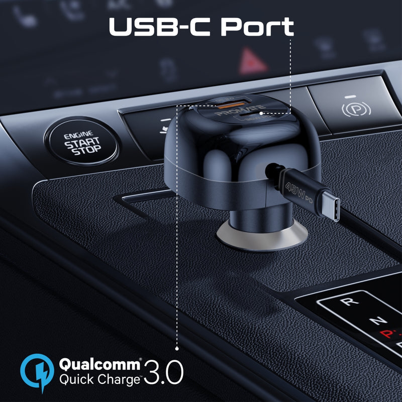 Promate Technologies - 62W Multi-Port Car Charger with Retractable USB-C Cable