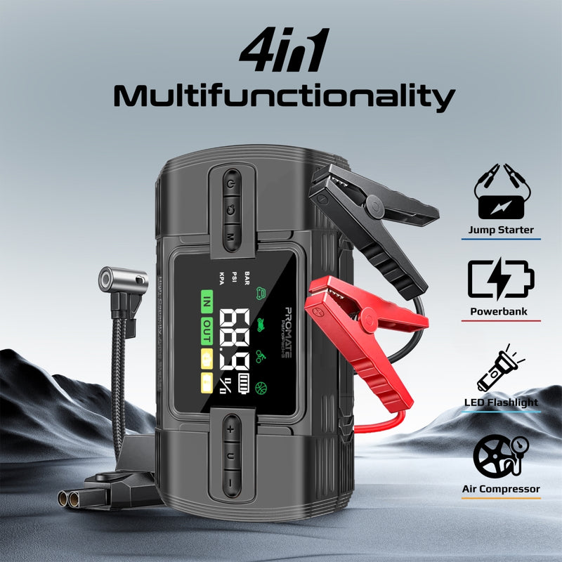Promate Technologies - 1200A/12V High-Capacity Jump Starter 150PSI Air Compressor with 12000m