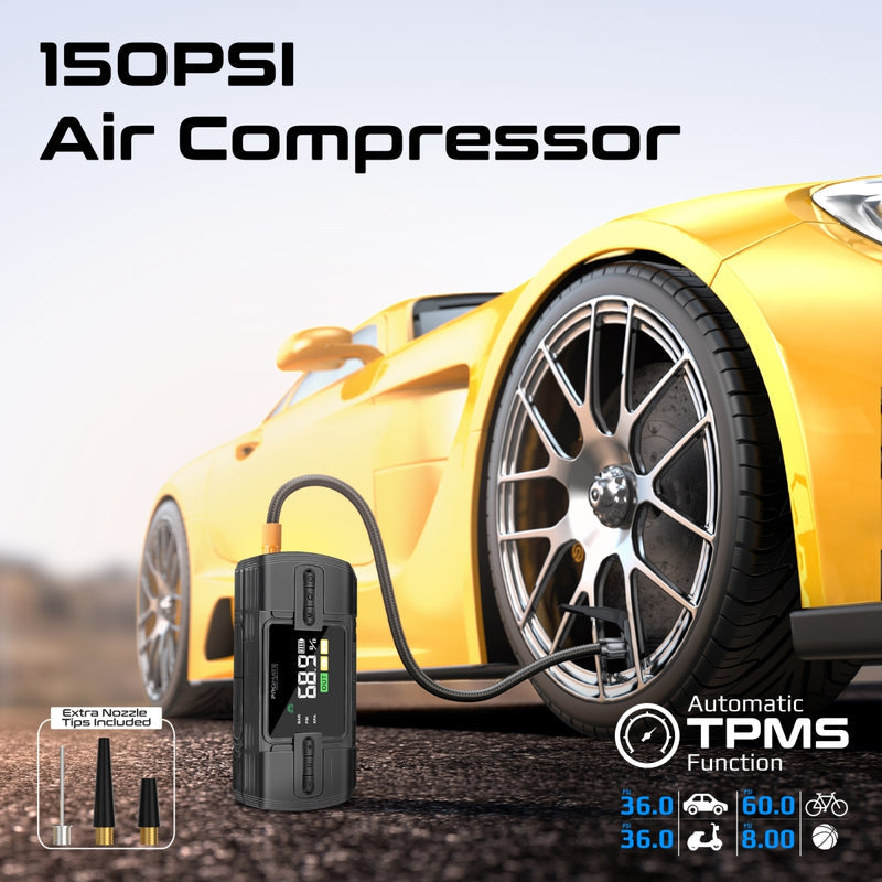 Promate Technologies - 1200A/12V High-Capacity Jump Starter 150PSI Air Compressor with 12000m