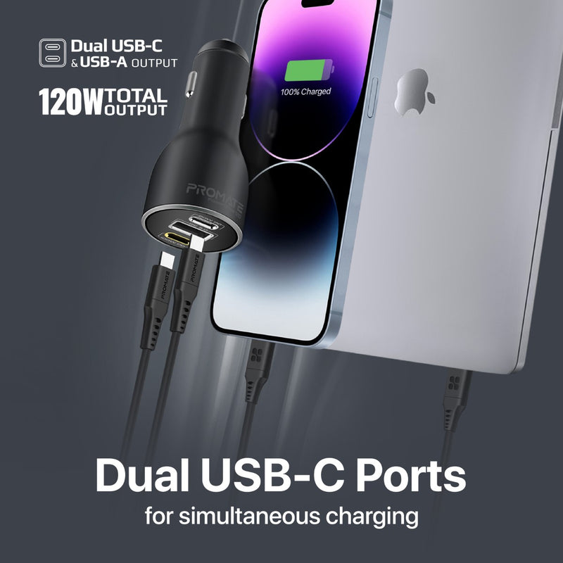 Promate Technologies - 120W RapidCharge™ Car Charger with Dual Power Delivery and Quick Charg