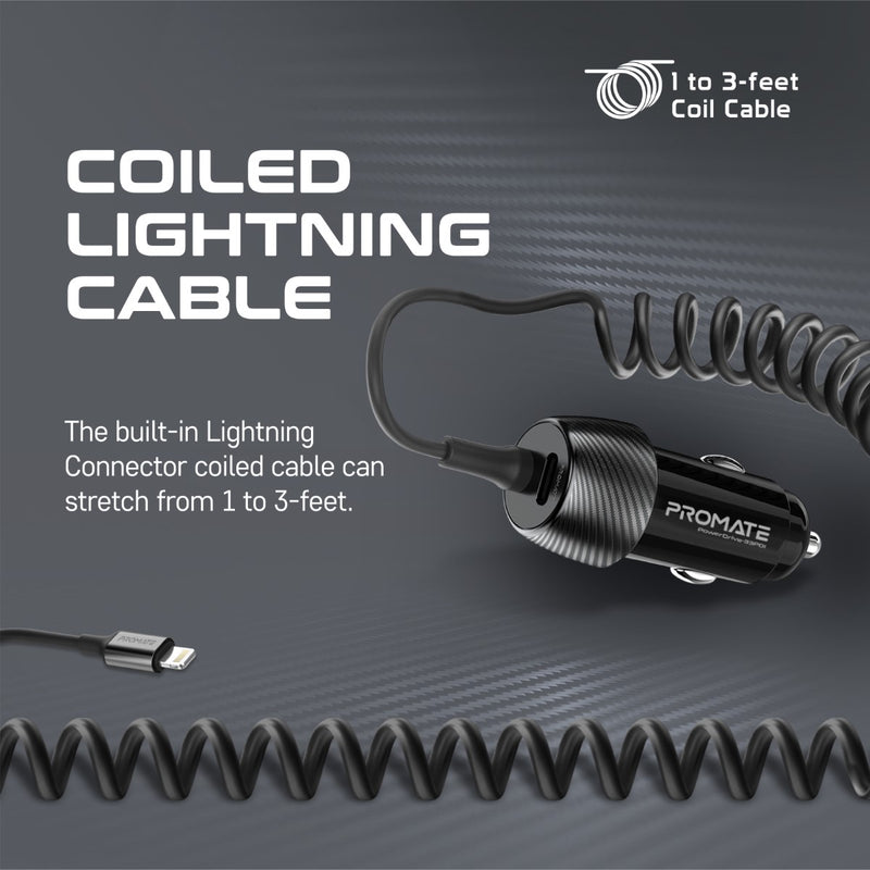 Promate Technologies - 33W Quick Charging Car Charger with Lightning Connector Cable
