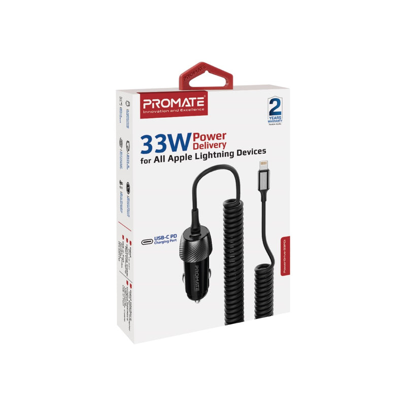 Promate Technologies - 33W Quick Charging Car Charger with Lightning Connector Cable