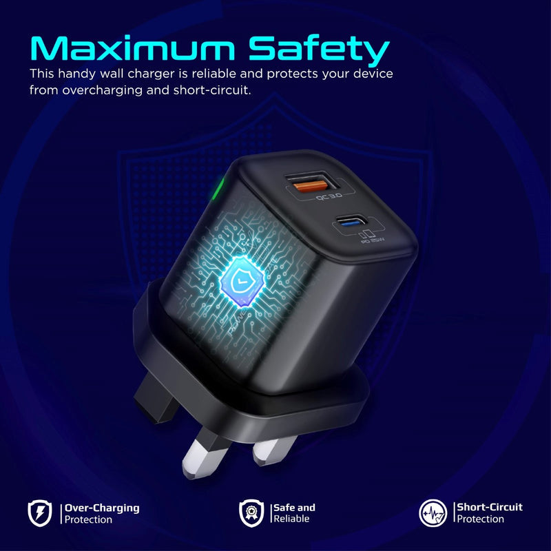 Promate Technologies - Ultra-Fast Dual Port AC Charger with 25W Power Delivery and QC 3.0