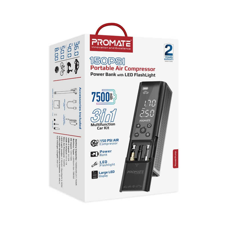 Promate Technologies - 150PSI Portable Air Compressor Power Bank w/ LED Flashlight