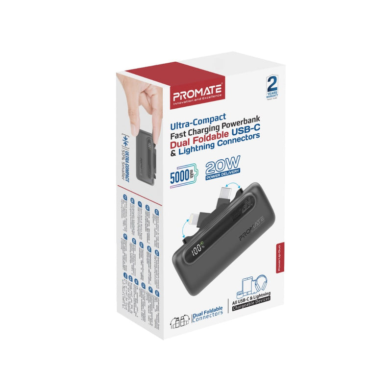 Promate Technologies - Ultra-Compact Fast Charging Power Bank with Dual foldable USB-C™ & Lig