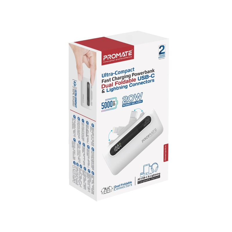 Promate Technologies - Ultra-Compact Fast Charging Power Bank with Dual foldable USB-C™ & Lig
