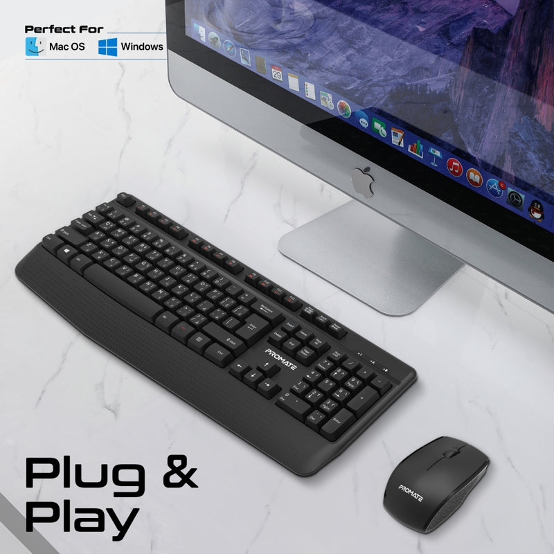 Promate Technologies - Ergonomic Wireless Multimedia Keyboard with Palm Rest and Ambidextrous