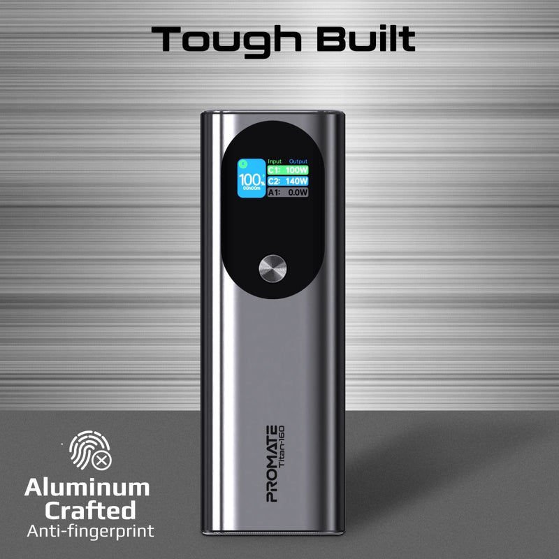 Promate Technologies - Ultra-Compact 160W Multi-Port PD 3.1 Power Bank with TFT LCD Screen