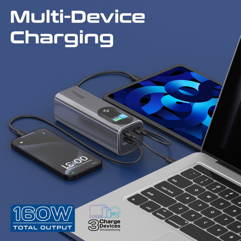 Promate Technologies - Ultra-Compact 160W Multi-Port PD 3.1 Power Bank with TFT LCD Screen