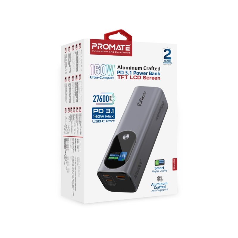 Promate Technologies - Ultra-Compact 160W Multi-Port PD 3.1 Power Bank with TFT LCD Screen