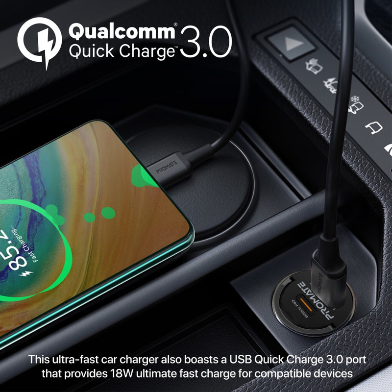 Promate Technologies - 65W RapidCharge™ Transparent Mini Car Charger with Power Delivery & QC