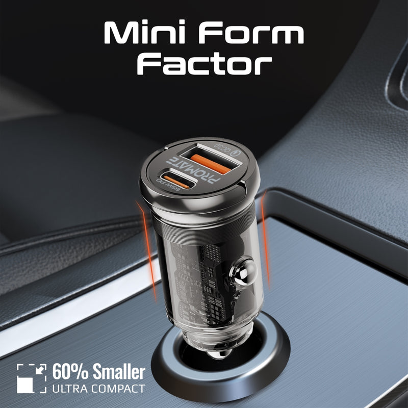 Promate Technologies - 65W RapidCharge™ Transparent Mini Car Charger with Power Delivery & QC