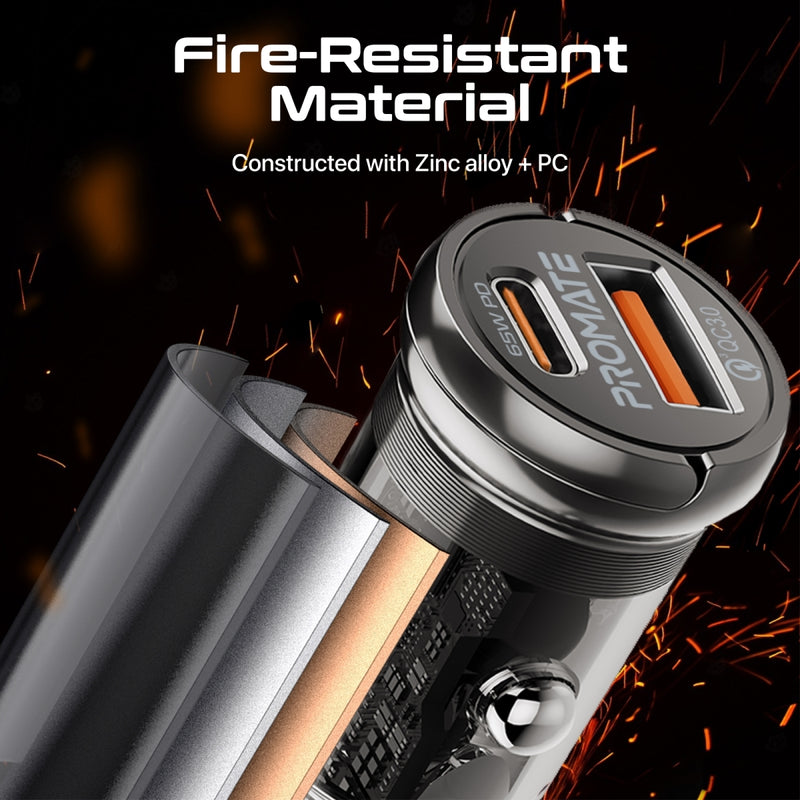 Promate Technologies - 65W RapidCharge™ Transparent Mini Car Charger with Power Delivery & QC