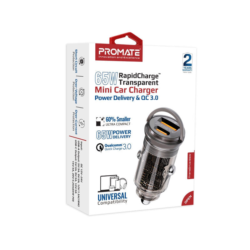 Promate Technologies - 65W RapidCharge™ Transparent Mini Car Charger with Power Delivery & QC