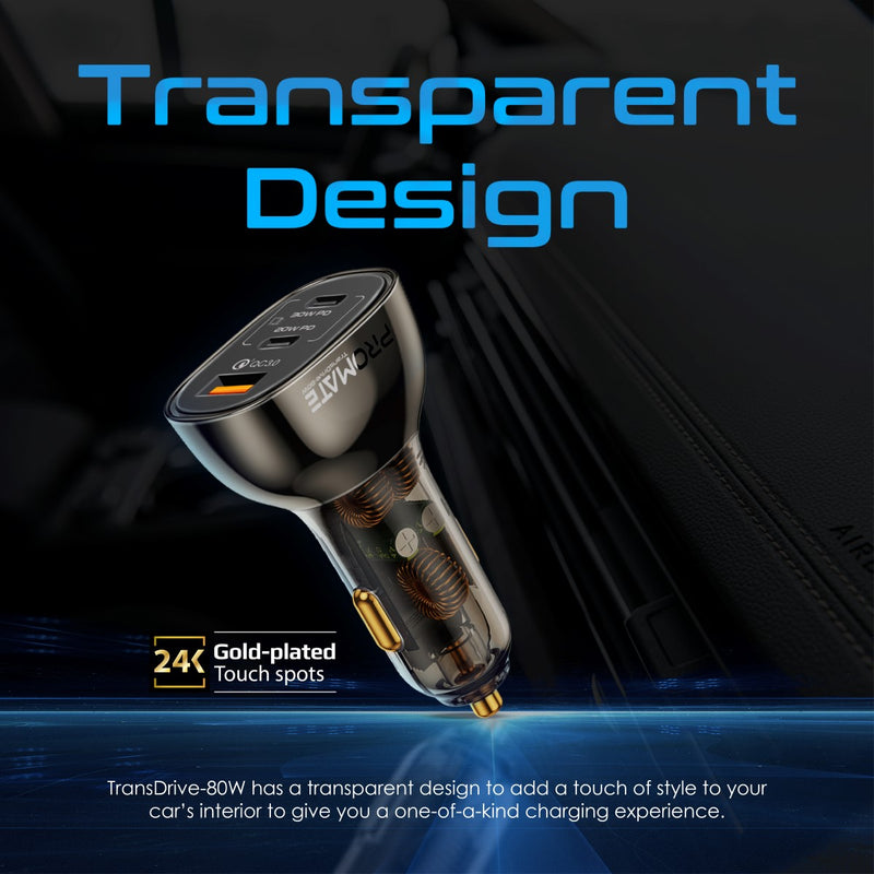 Promate Technologies - 80W Multi-Port Transparent Car Charger with QC 3.0 & Power Delivery