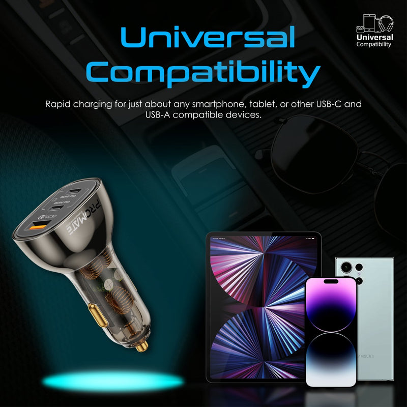 Promate Technologies - 80W Multi-Port Transparent Car Charger with QC 3.0 & Power Delivery