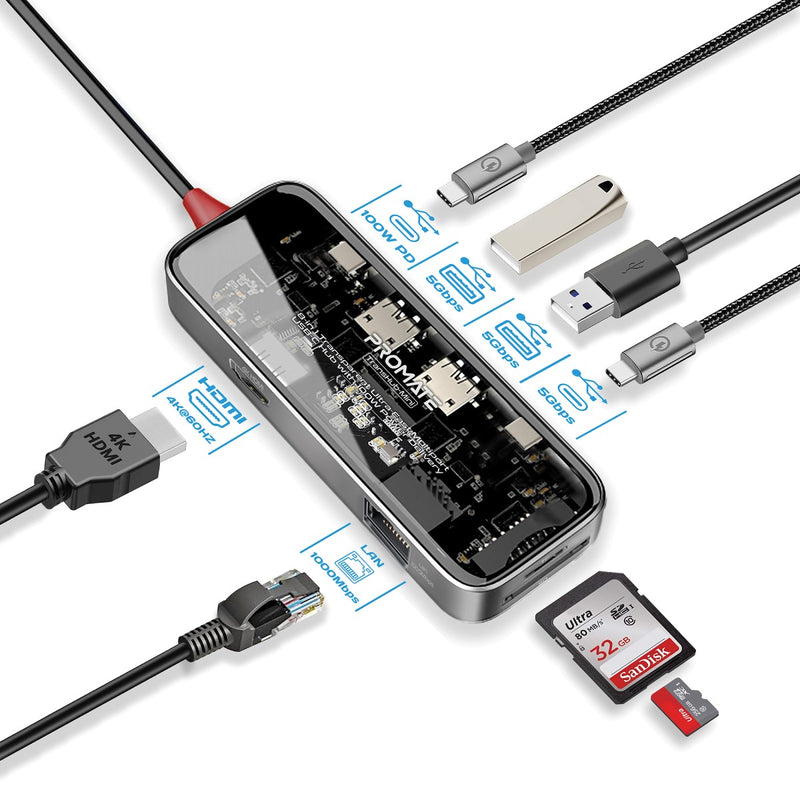 Promate Technologies - 8-in 1 Transparent Ultra-Fast Multiport USB-C Hub with 100W Power Deli