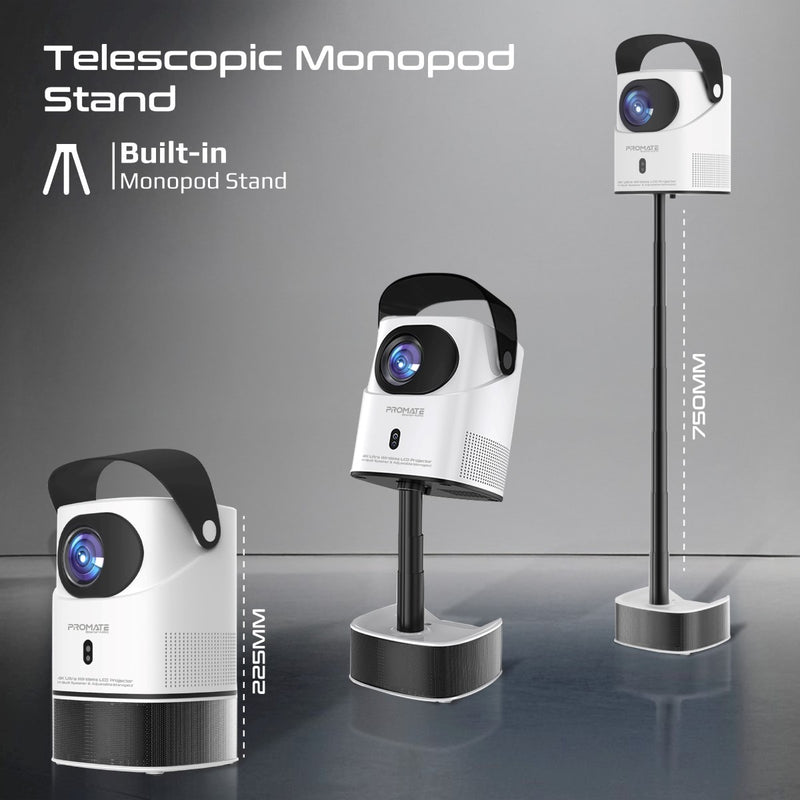 Promate Technologies - 4K Ultra HD Wireless LCD Projector with Built-In Speaker & Monopod Stand