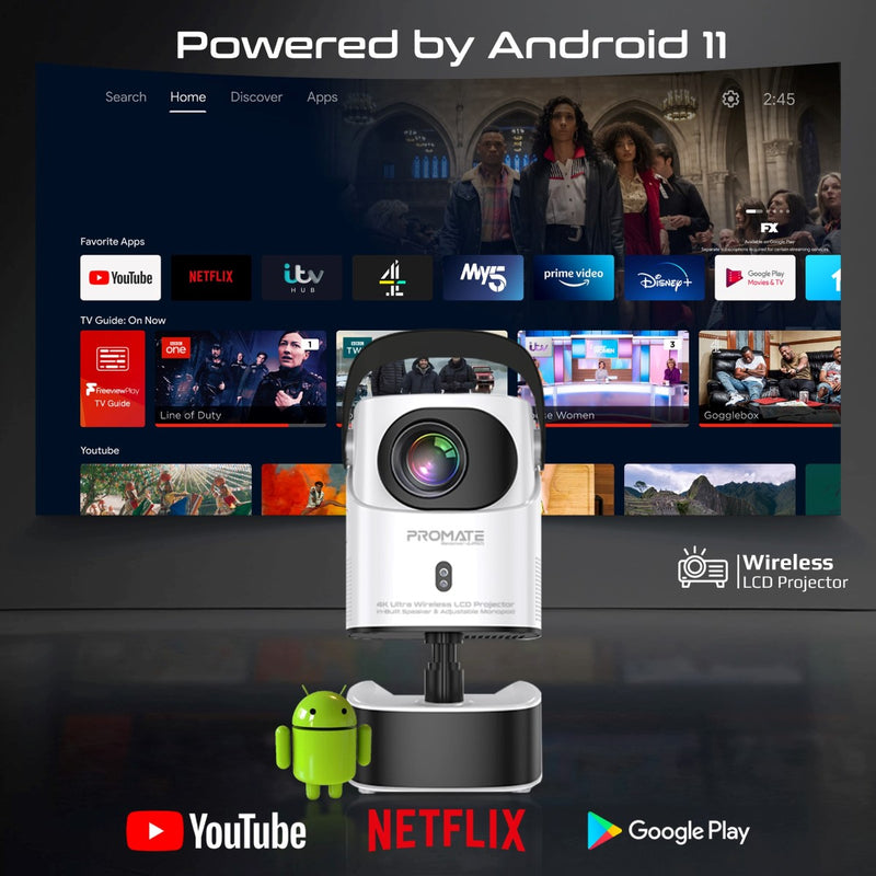 Promate Technologies - 4K Ultra HD Wireless LCD Projector with Built-In Speaker & Monopod Stand