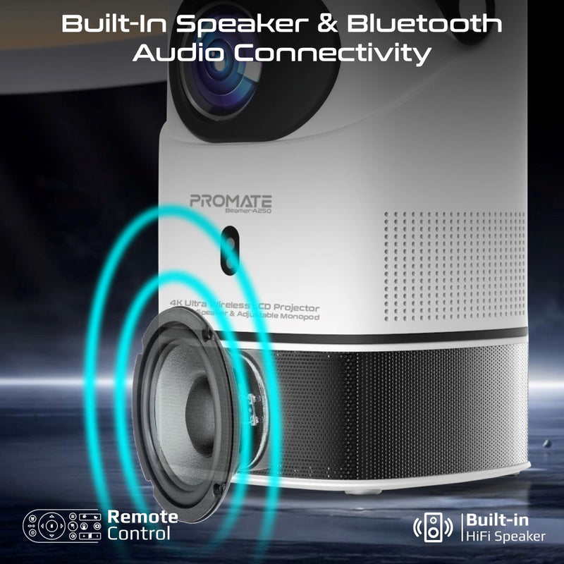 Promate Technologies - 4K Ultra HD Wireless LCD Projector with Built-In Speaker & Monopod Stand