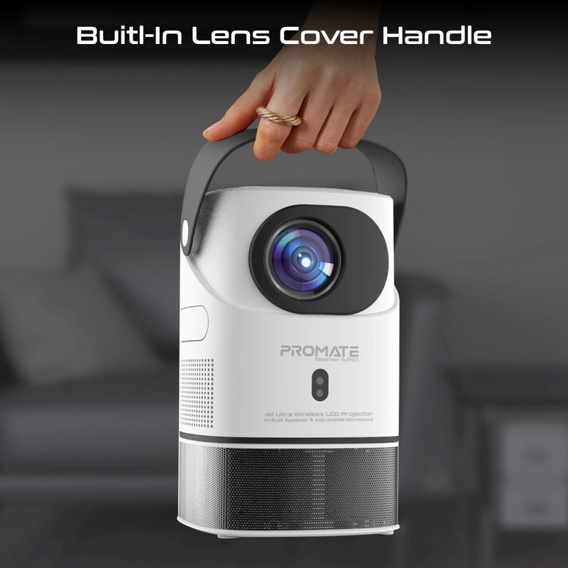 Promate Technologies - 4K Ultra HD Wireless LCD Projector with Built-In Speaker & Monopod Stand