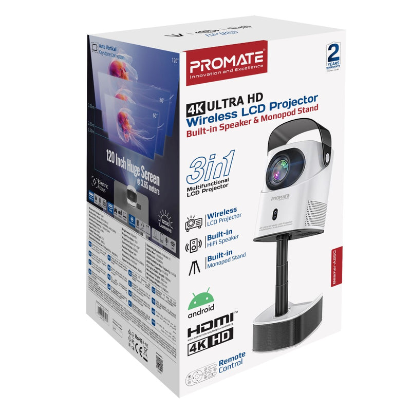 Promate Technologies - 4K Ultra HD Wireless LCD Projector with Built-In Speaker & Monopod Stand