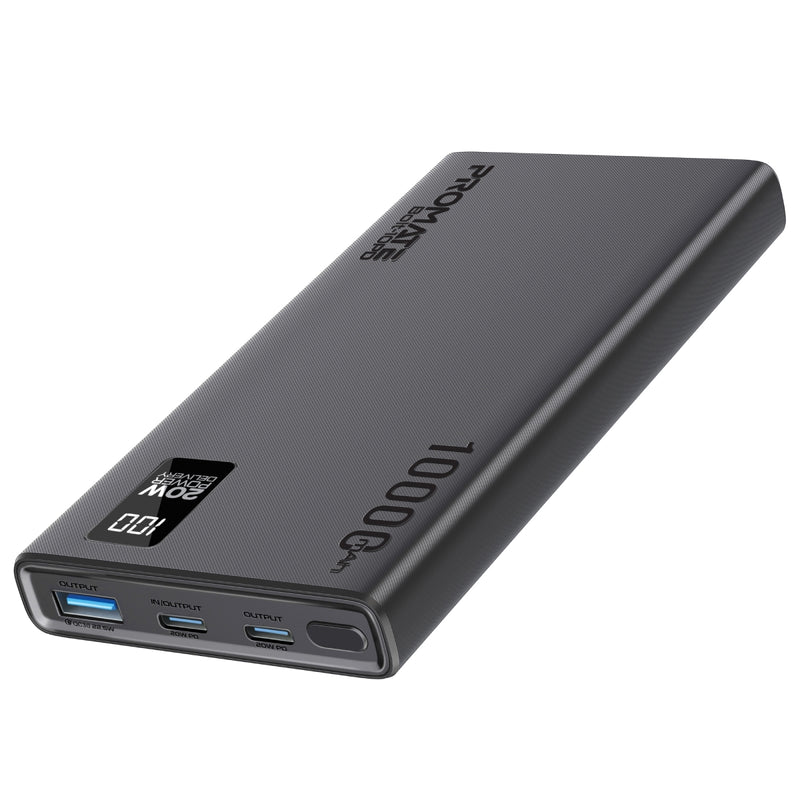 Promate Technologies - Compact Smart Charging Power Bank with 20W PD Dual USB-C and 22.5W USB