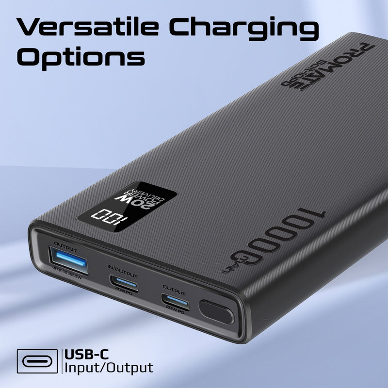 Promate Technologies - Compact Smart Charging Power Bank with 20W PD Dual USB-C and 22.5W USB