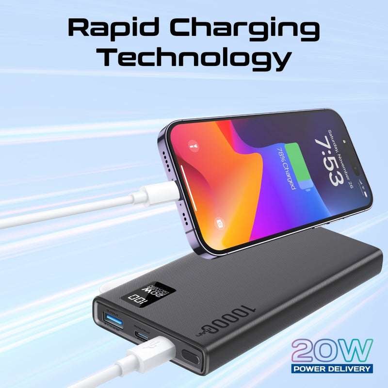 Promate Technologies - Compact Smart Charging Power Bank with 20W PD Dual USB-C and 22.5W USB