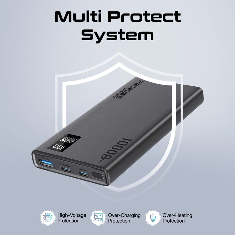 Promate Technologies - Compact Smart Charging Power Bank with 20W PD Dual USB-C and 22.5W USB