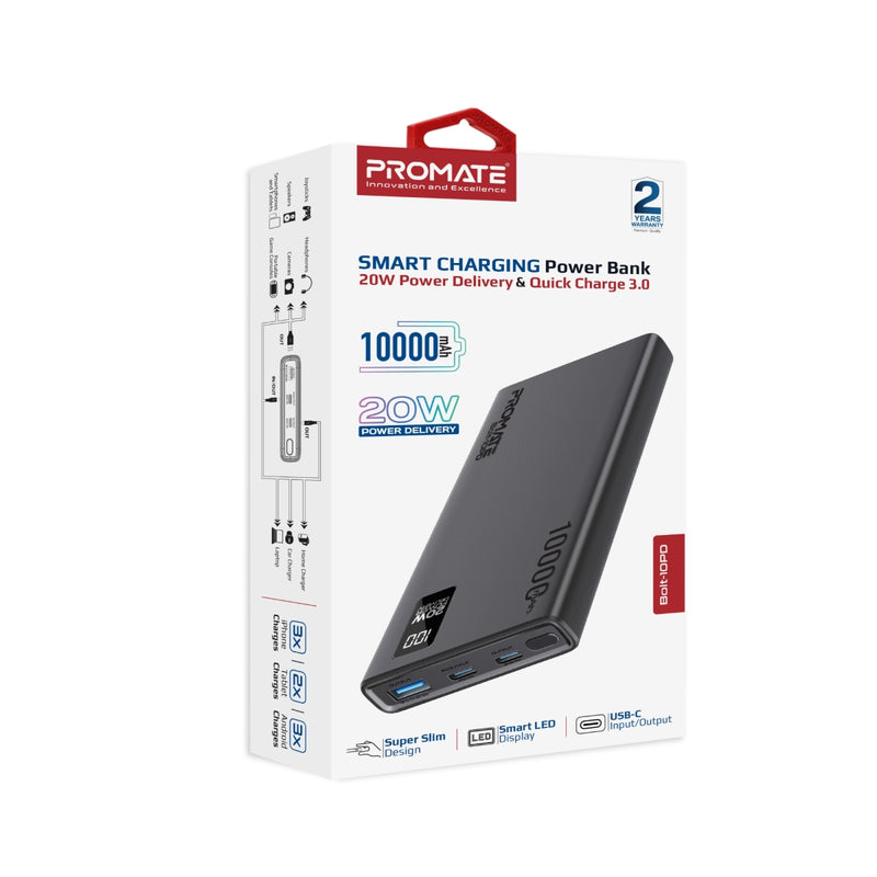 Promate Technologies - Compact Smart Charging Power Bank with 20W PD Dual USB-C and 22.5W USB