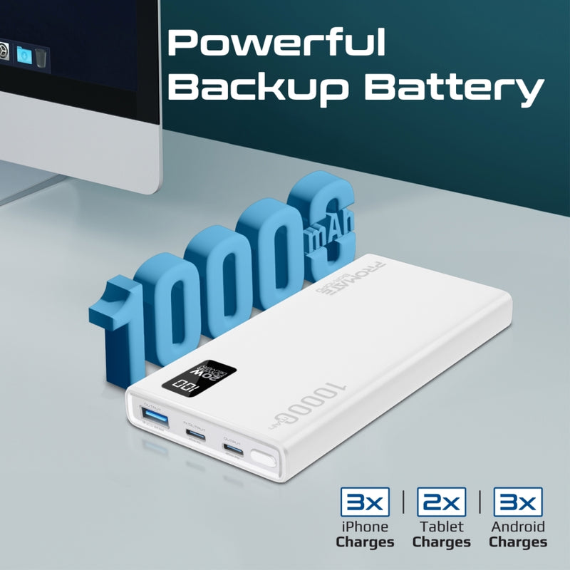 Promate Technologies - Compact Smart Charging Power Bank with 20W PD Dual USB-C and 22.5W USB