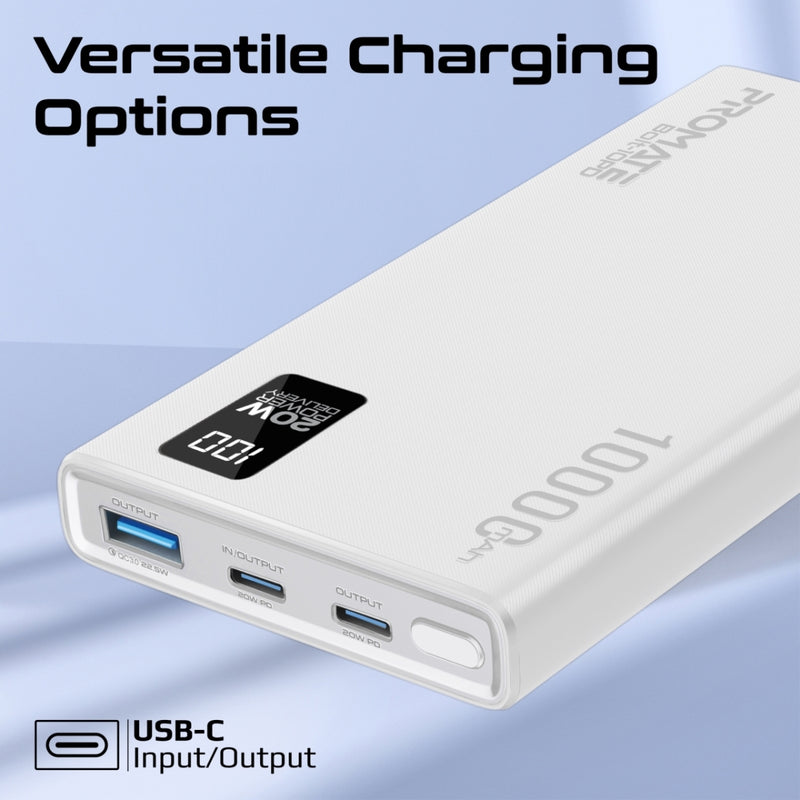 Promate Technologies - Compact Smart Charging Power Bank with 20W PD Dual USB-C and 22.5W USB