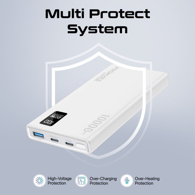 Promate Technologies - Compact Smart Charging Power Bank with 20W PD Dual USB-C and 22.5W USB