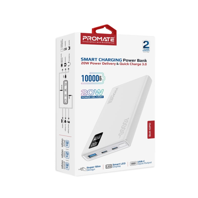 Promate Technologies - Compact Smart Charging Power Bank with 20W PD Dual USB-C and 22.5W USB