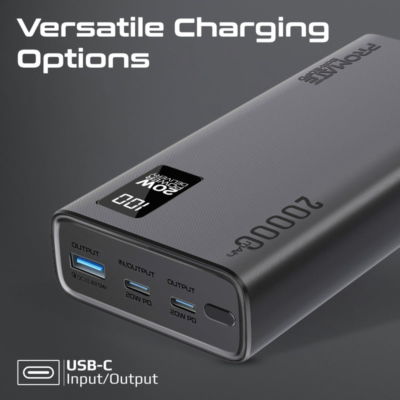 Promate Technologies - Compact Smart Charging Power Bank with 20W PD Dual USB-C and 22.5W USB-A Ports